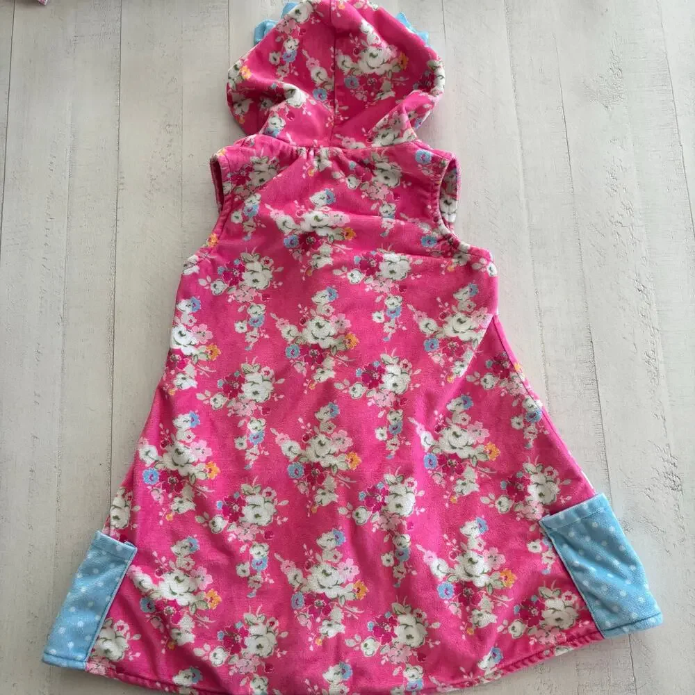 SweetHoney Pink Floral Hooded Kids Swim Coverup with Blue Trim